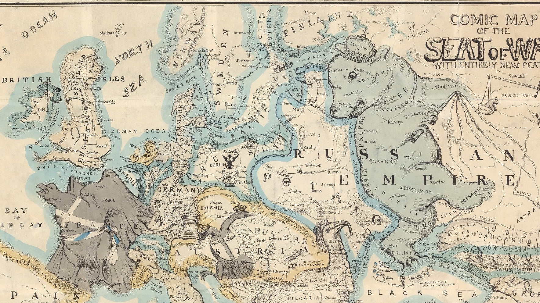 "Comic map of the seat of war with entirely new features" by Thomas Onwhyn, published in 1854, during the Crimean War. Credit: David Rumsey map collection.