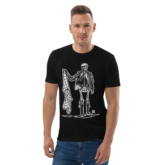 LiberationKilt: DISROBE KILT Black Unisex T-Shirt With B/W Illustration