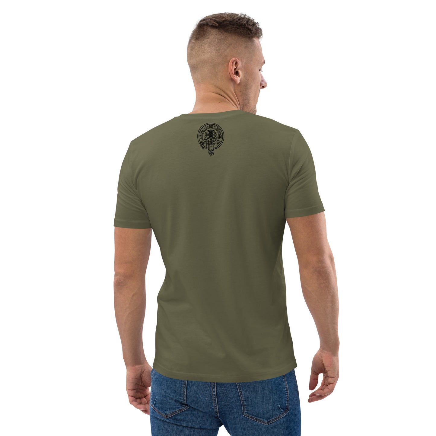 LiberationKilt: 'Skelton in the Wilderness' Organic White/Military Unisex T-Shirt with Black Illustration
