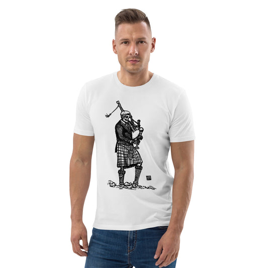 LiberationKilt: PIED PIPER White/Khaki Unisex T-Shirt with B/W Illustration
