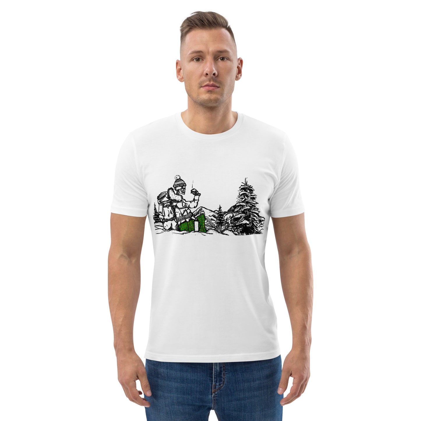 LiberationKilt: 'Skelton in the Wilderness' Organic White Unisex T-Shirt with Color Illustration