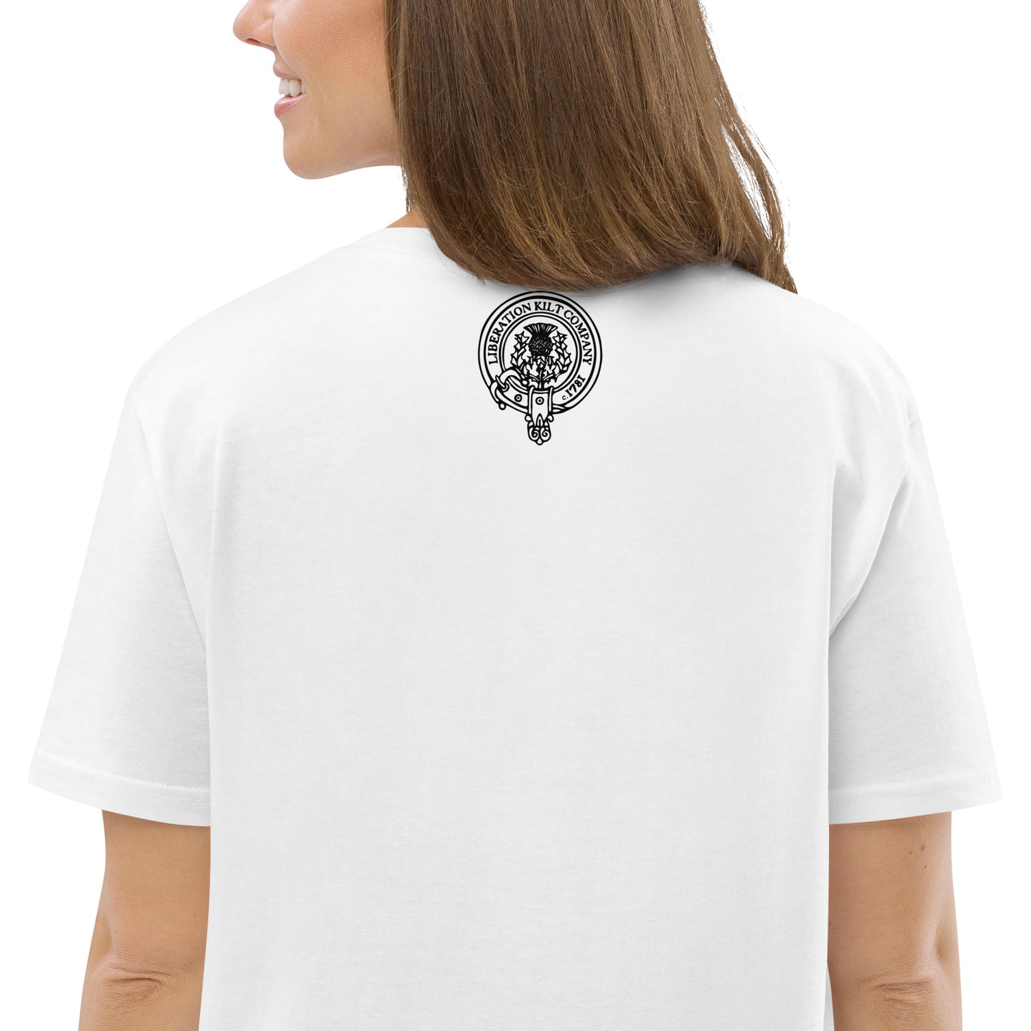 LiberationKilt: 'Skelton in the Wilderness' Organic White Unisex T-Shirt with Color Illustration